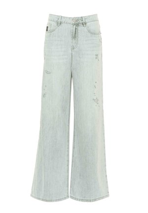 Lys grønne vide denimjeans med høj talje, som har subtile slidte detaljer, fem lommer og knaplukking.