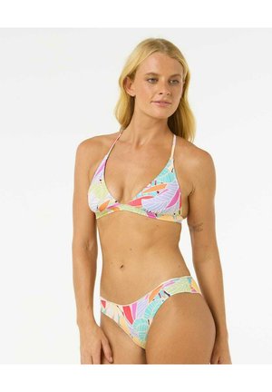 Bikini set met een driehoekige bovenkant en laaghangende broekjes. Heeft een kleurrijk bladerenpatroon op een lichte achtergrond, met dunne bandjes en een gladde textuur.