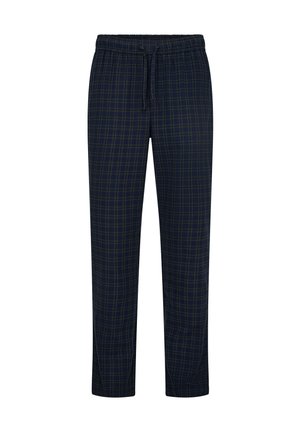 Mørkeblå ternede pyjamasbukser med elastisk talje og snøre. Lavet af blødt stof, der har grønne og gule ternede mønstre.