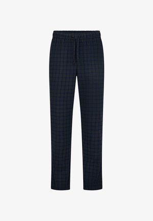 Mørkeblå ternede pyjamasbukser med elastisk talje og snøre. Lavet af blødt stof, der har grønne og gule ternede mønstre.