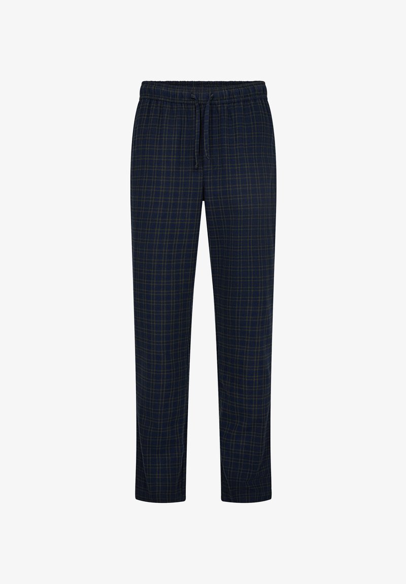 Mørkeblå ternede pyjamasbukser med elastisk talje og snøre. Lavet af blødt stof, der har grønne og gule ternede mønstre.