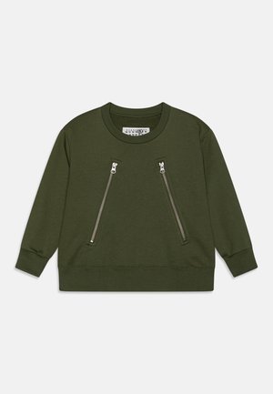 Sweatshirt en coton vert avec un col rond, des manches longues et deux poches zippées à l'avant. Texture douce et coupe décontractée.