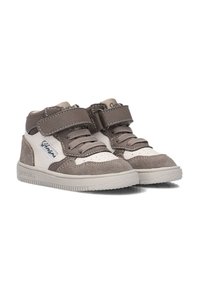 Bruine en crèmekleurige hoge sneakers van suede en synthetische materialen, met een klittenbandsluiting, vetersluiting en een gestructureerde rubberen zool.