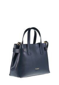 Navy leren handtas met dubbele handvatten, gouden hardware en een gestructureerde vorm. Bevat een zijriem en een subtiele logo. Gladde textuur.