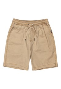 Shorts en coton beige avec taille élastique, cordon de serrage, poches latérales et coupe décontractée.