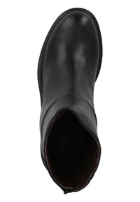 Bottine en cuir noir avec une finition lisse, talon surélevé, bout arrondi et fermeture éclair sur le côté. Intérieur doublé en tissu marron.