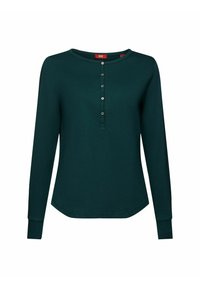 Dunkelgrünes Langarmshirt aus weichem Stoff, mit rundem Halsausschnitt, einer Knopfleiste mit fünf Knöpfen und gerippten Bündchen.