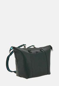 Sort læder skuldertaske med struktureret finish, justerbar rem med teal-akcenter, lynlåslukning og diskret mærke-logo.