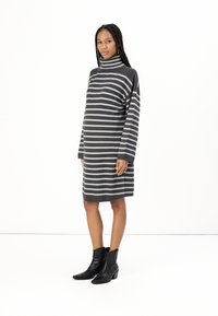 Robe en turtleneck rayée grise et blanche avec des manches longues, longueur genoux, fabriquée en matériau tricoté, associée à des bottines noires.