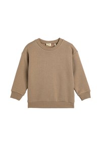 Sudadera marrón hecha de material suave, con cuello redondo, mangas largas y puños y dobladillo acanalados. Diseño sencillo y sin adornos.