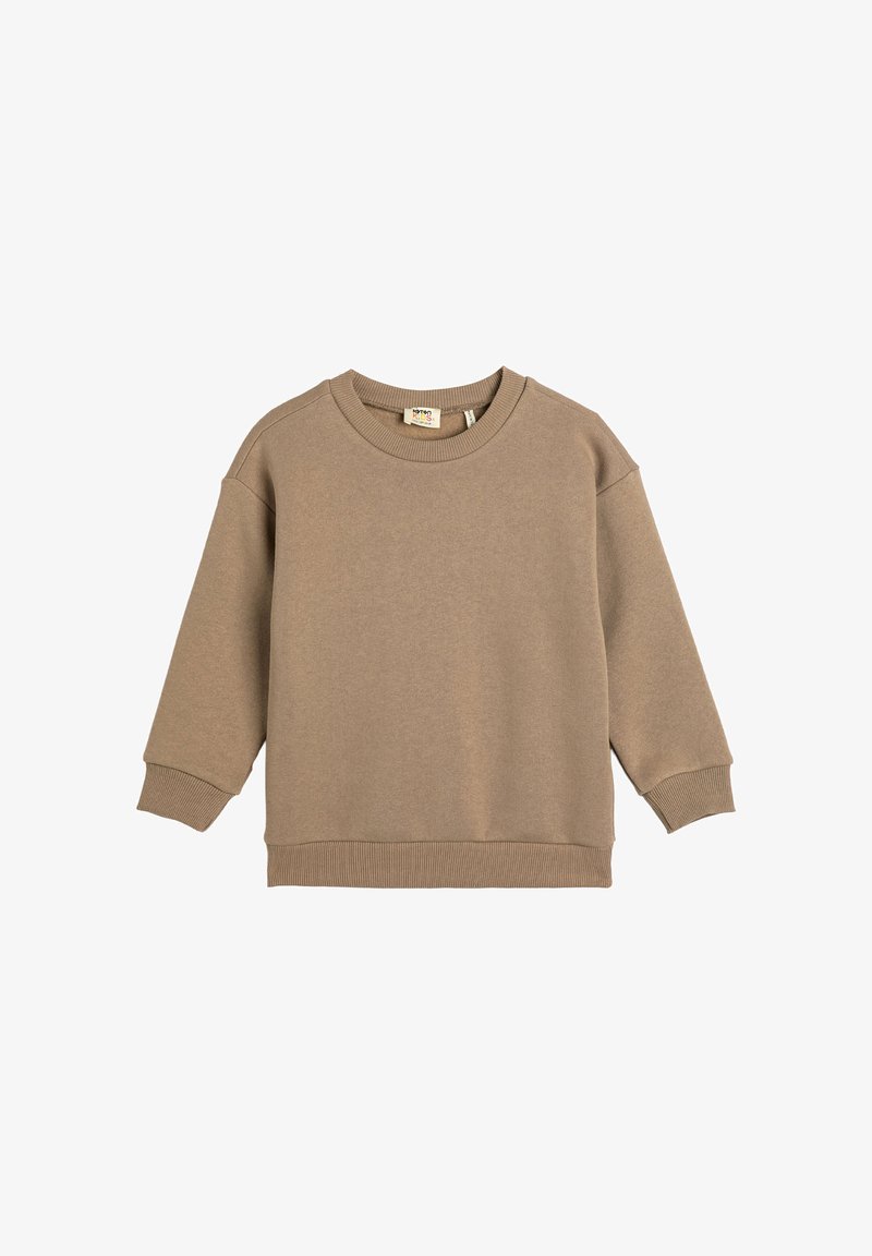Sudadera marrón hecha de material suave, con cuello redondo, mangas largas y puños y dobladillo acanalados. Diseño sencillo y sin adornos.