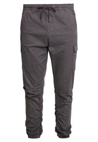 Grijze cargobroek met een elastische tailleband en trekkoord. Voorzien van zijzakken en elastische boorden voor een comfortabele pasvorm. Gemaakt van een gestructureerde stof.