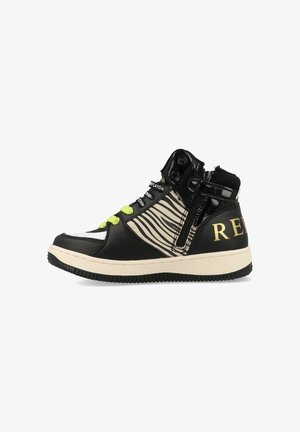High-top sneaker with a black patent leather finish, zebra-patterned fabric, bright green laces, and a white rubber sole. Features zippers and branding.