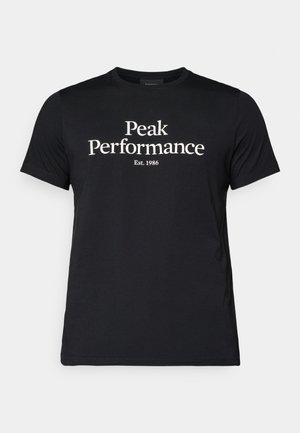 Sort kortærmet t-shirt lavet af bomuld, med hvidt trykt tekst "Peak Performance Est. 1986" centralt på fronten.