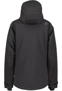 Veste noire imperméable avec capuche, manches longues et poignets ajustables. Texture lisse avec un minimum de marque sur le dos.