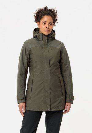 Olive green waterproof jacket with a hood, featuring zippers and snap buttons, adjustable cuffs, and a smooth finish.