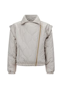 Helle beige gesteppte Jacke mit einem Reißverschluss vorne, Kragen, elastischem Saum und gerafften Ärmeln. Verfügt über ein gesticktes Wellenmuster.