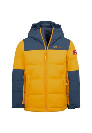  gepolsterte Jacke mit Kapuze, die einen gelben Körper und marineblaue Ärmel hat. Enthält einen Reißverschluss und ein Logodetail auf der Brust.