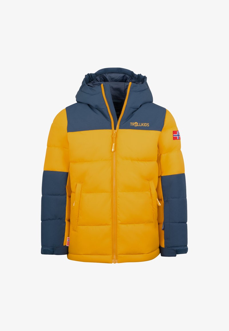 gepolsterte Jacke mit Kapuze, die einen gelben Körper und marineblaue Ärmel hat. Enthält einen Reißverschluss und ein Logodetail auf der Brust.