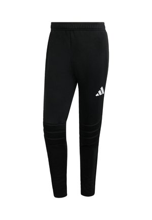 Czarne sportowe spodnie wykonane z miękkiego materiału, wyposażone w elastyczny pas, teksturowane detale oraz białe logo na lewej udzie.