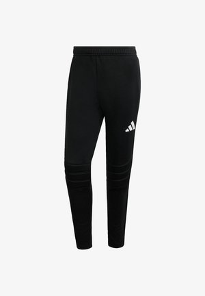 Crne sportske hlače od mekanog materijala s elastičnim pojasom, teksturiranim detaljima i bijelim logotipom na lijevom bedrima.