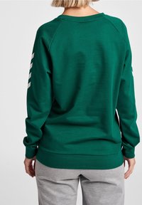 Zielona bluza z luźnym krojem, raglanowymi rękawami i kremowymi akcentami wzdłuż lewego rękawa. Miękka tekstura, minimalistyczny design i brak widocznych oznaczeń marki.