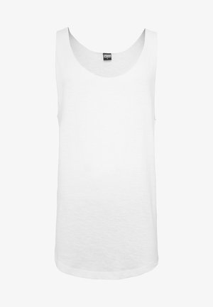 Weißes Tanktop aus Baumwolle mit rundem Halsausschnitt und ärmellosem Design. Glatte Textur mit normaler Passform und ohne zusätzliche Muster.