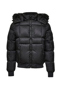 Čierna páperová bunda so zipsom, odnímateľnou kapucňou s kožušinovým lemom, elastickými manžetami a zipsovou vreckom na hrudi. Hladká, lesklá textúra.