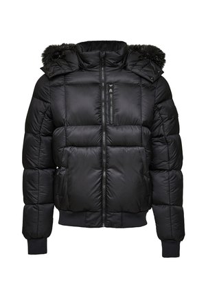 Črna podložena jakna z zadrgo, snemljivim kapuco z krznom, elastičnimi manšeti in zadrgo na prsih. Gladka, sijoča tekstura.