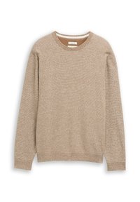 Beiger Pullover mit rundem Halsausschnitt, langen Ärmeln und einem strukturierten Strickmuster. Schlichte Gestaltung, keine sichtbaren Materialien oder Akzente.