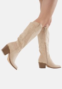 Botas de ante beige hasta la rodilla con un patrón decorativo y acentos de strass. Presentan una cremallera lateral y un tacón apilado con detalles en dorado.