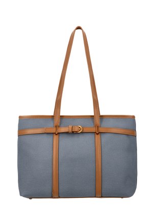 Borsa tote in tessuto blu con tracolle, rifiniture in pelle color cuoio e un piccolo dettaglio con fibbia sul davanti, dotata di due lunghe maniglie per la spalla.