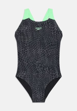 Maillot de bain noir avec un motif reptilien texturé, doté d'une conception de bretelles solides en vert menthe et d'une coupe sportive pour une meilleure mobilité.