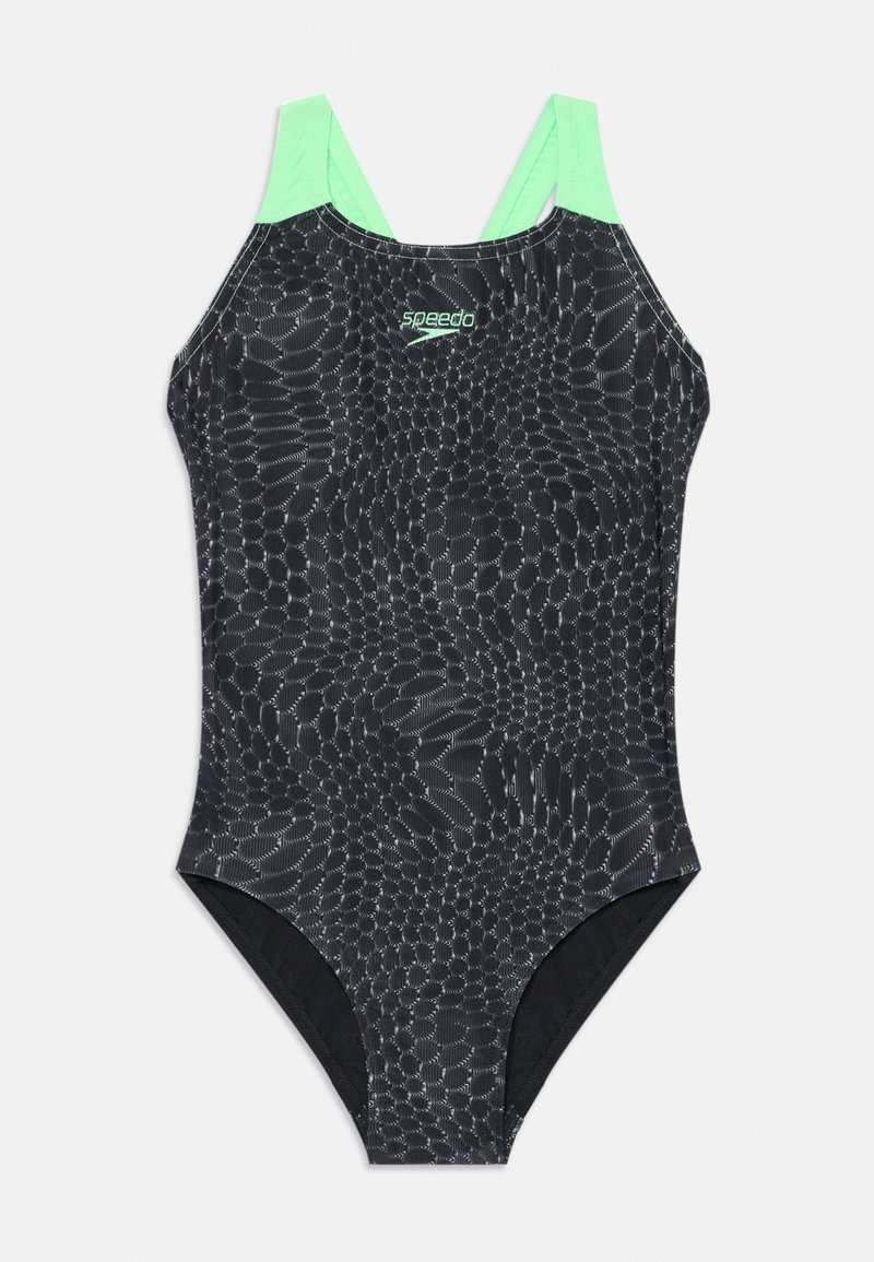 Mustreeritud must ujumisriietus, millel on tekstuuriline roomaja muster, ning millel on ühtlase mintrohelise rihma disain ja sportlik lõige liikuvuse tagamiseks.