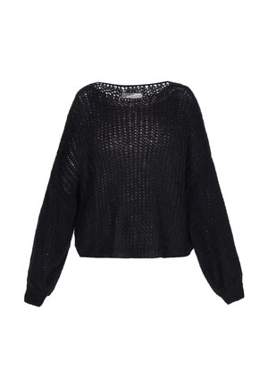 Pulover negru cu manșete și tiv din tricot ondulat, cu un model deschis și guler rotund.