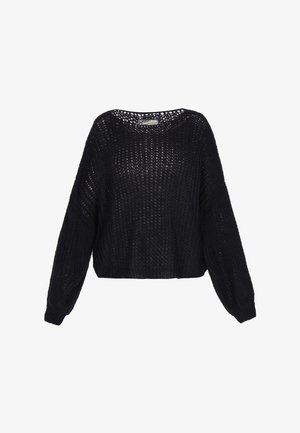 Maglione nero a maglia larga con maniche lunghe, dotato di polsini e orlo a coste, caratterizzato da una lavorazione aperta e un colletto rotondo.