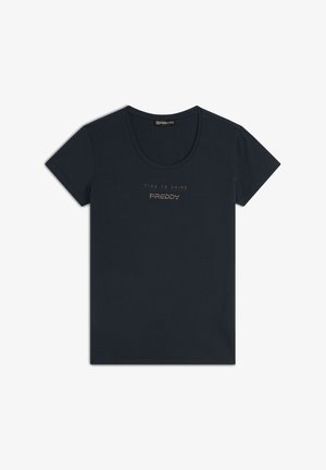 T-shirt in cotone nero con maniche corte e scollo rotondo, con la scritta "TIME TO SHINE" e "FREDDY" in accenti metallici.