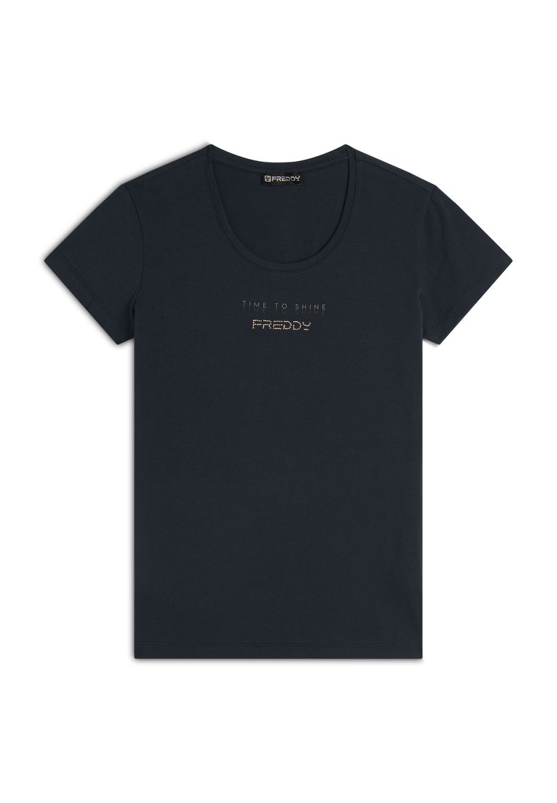 T-shirt in cotone nero con maniche corte e scollo rotondo, con la scritta "TIME TO SHINE" e "FREDDY" in accenti metallici.