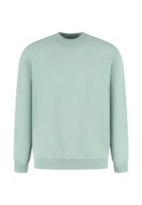  Lichtgroene sweater met ronde hals, voorzien van ribbels aan de boorden en onderkant, met in het midden op de borst kleine witte tekst "PURE PATH".