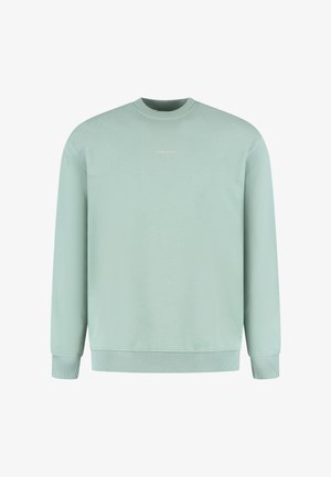 Lichtgroene sweater met ronde hals, voorzien van ribbels aan de boorden en onderkant, met in het midden op de borst kleine witte tekst "PURE PATH".