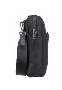 Borsa a tracolla nera in tessuto con chiusura a zip, tracolla regolabile e tasca laterale. Materiale testurizzato e design elegante con accenti in metallo argentato.