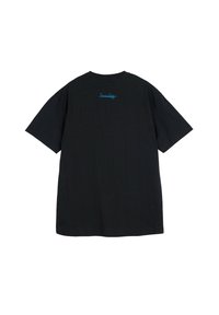 Czarny bawełniany t-shirt z krótkim rękawem i luźnym krojem. Posiada niebieski logo na plecach, miękką fakturę i casualowy styl.
