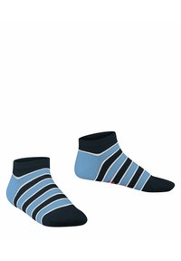 Calzini a righe in azzurro chiaro con linee blu navy scuro e bianche, caratterizzati da un design a taglio basso e tallone rinforzato. Materiale in maglia morbido e elastico.