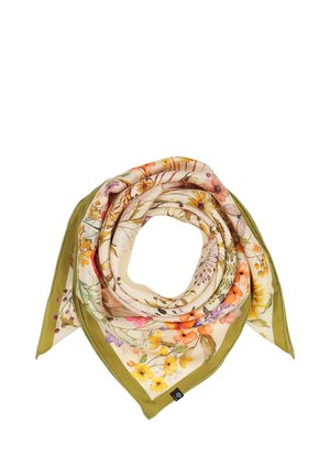 Foulard carré en soie avec bordure verte présentant des motifs floraux et feuilles colorés, plié en forme de spirale sur fond blanc.