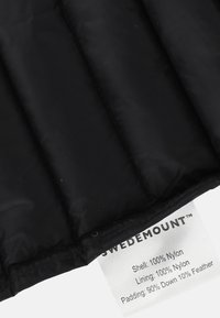 Sort nylon pufferjakke med syede paneler, der har et plejelabel. Ydre og foring er 100% nylon; fyldet er 90% dun, 10% fjer.