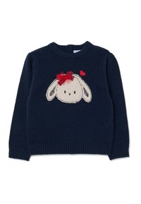 Maglione lavorato a maglia blu navy con scollo rotondo, caratterizzato da un morbido design di pecora ricamato con un fiocco rosso e accenti a forma di cuore.