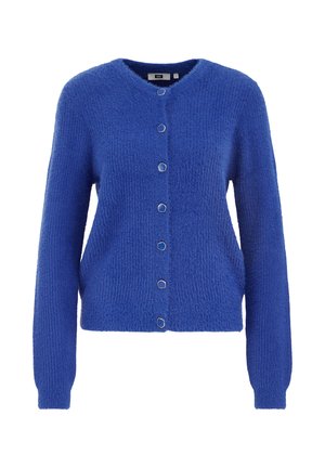 Cardigan blu fuzzy con scollatura rotonda e maniche lunghe; presenta sei bottoni dorati a forma di cerchio sulla parte anteriore e un tessuto texturizzato.