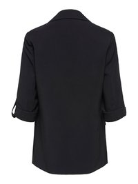 Svart langermet skjorte med oppbrettede ermer, knappestropedetalj og enkel krage, vist bakfra mot hvit bakgrunn.