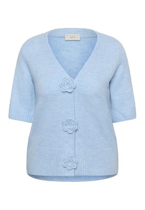 Svetlomodrý pletený kardigán s výstrihom do V, krátkymi rukávmi a tromi gombíkmi s kvetinovým vzorom na prednej strane. Mäkká textúra, pravidelný strih.