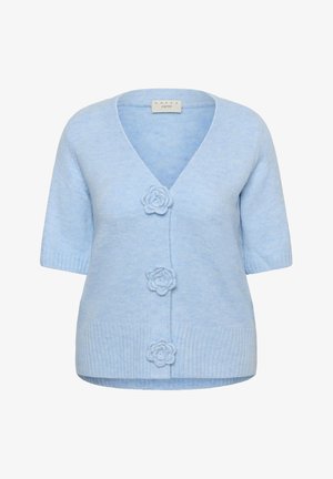Svetlomodrý pletený kardigán s výstrihom do V, krátkymi rukávmi a tromi gombíkmi s kvetinovým vzorom na prednej strane. Mäkká textúra, pravidelný strih.